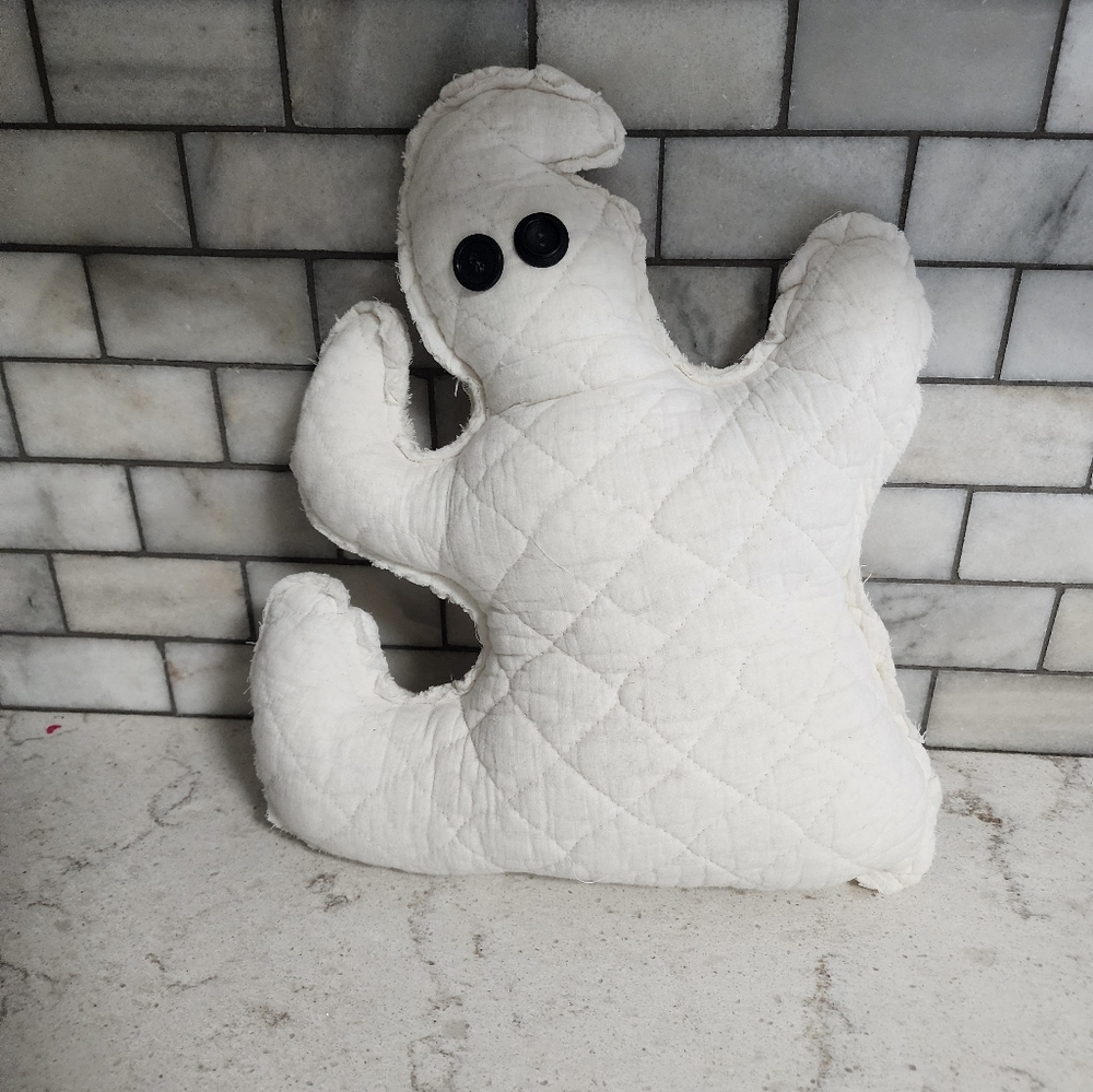 Upcycled vintage quilt ghost pillow with vintage button eyes